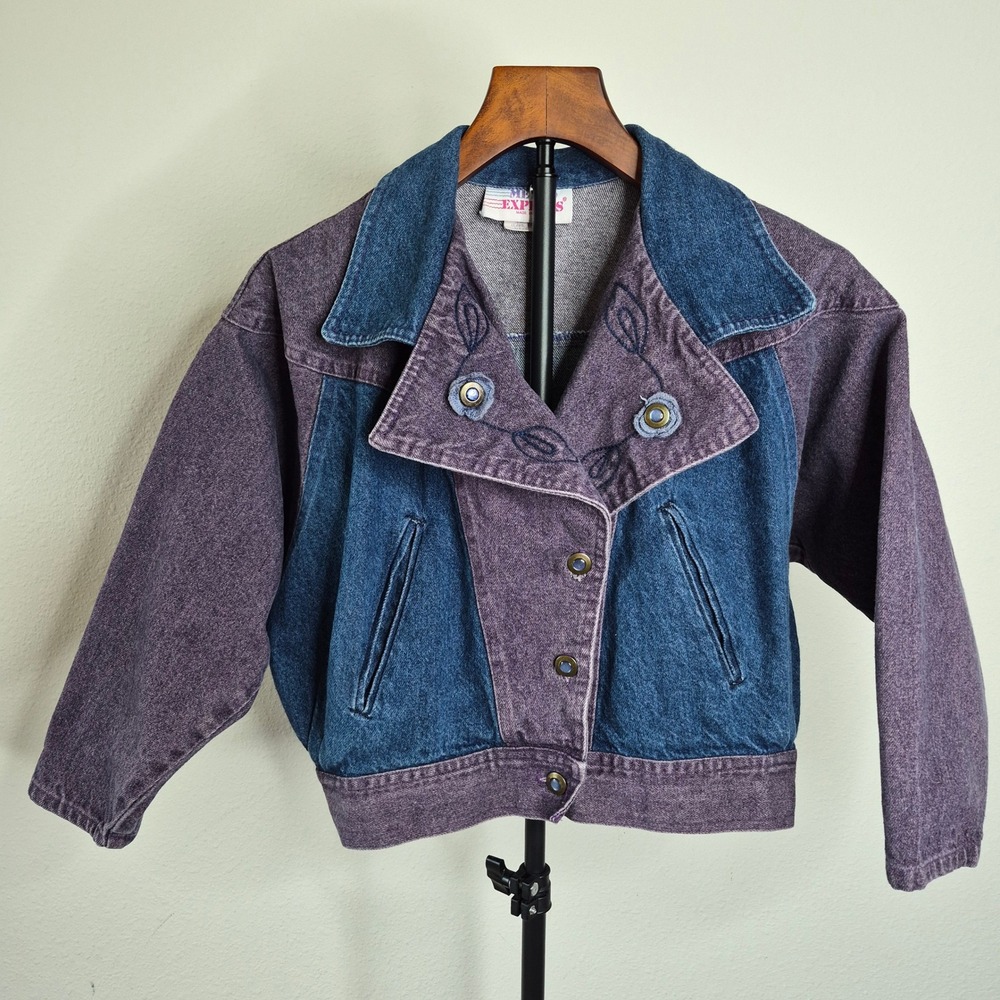 Metro Express Vintage Denim Jacket Colorblock Cropped Acid Wash Purple Blue M